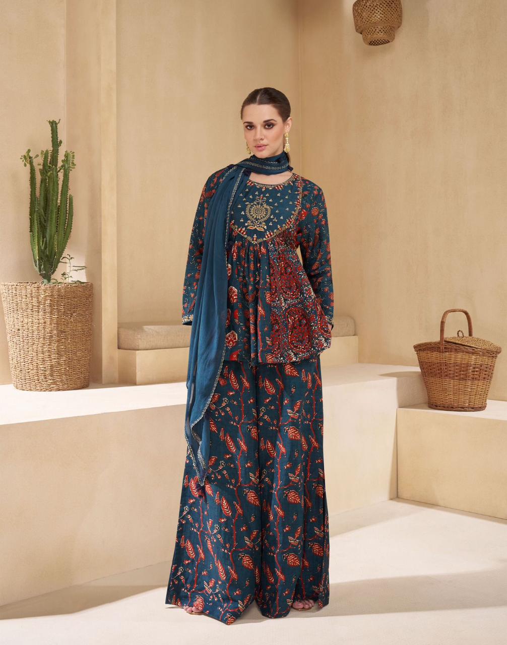 Chakori Designer Suit – Muslin & Chinon Silk