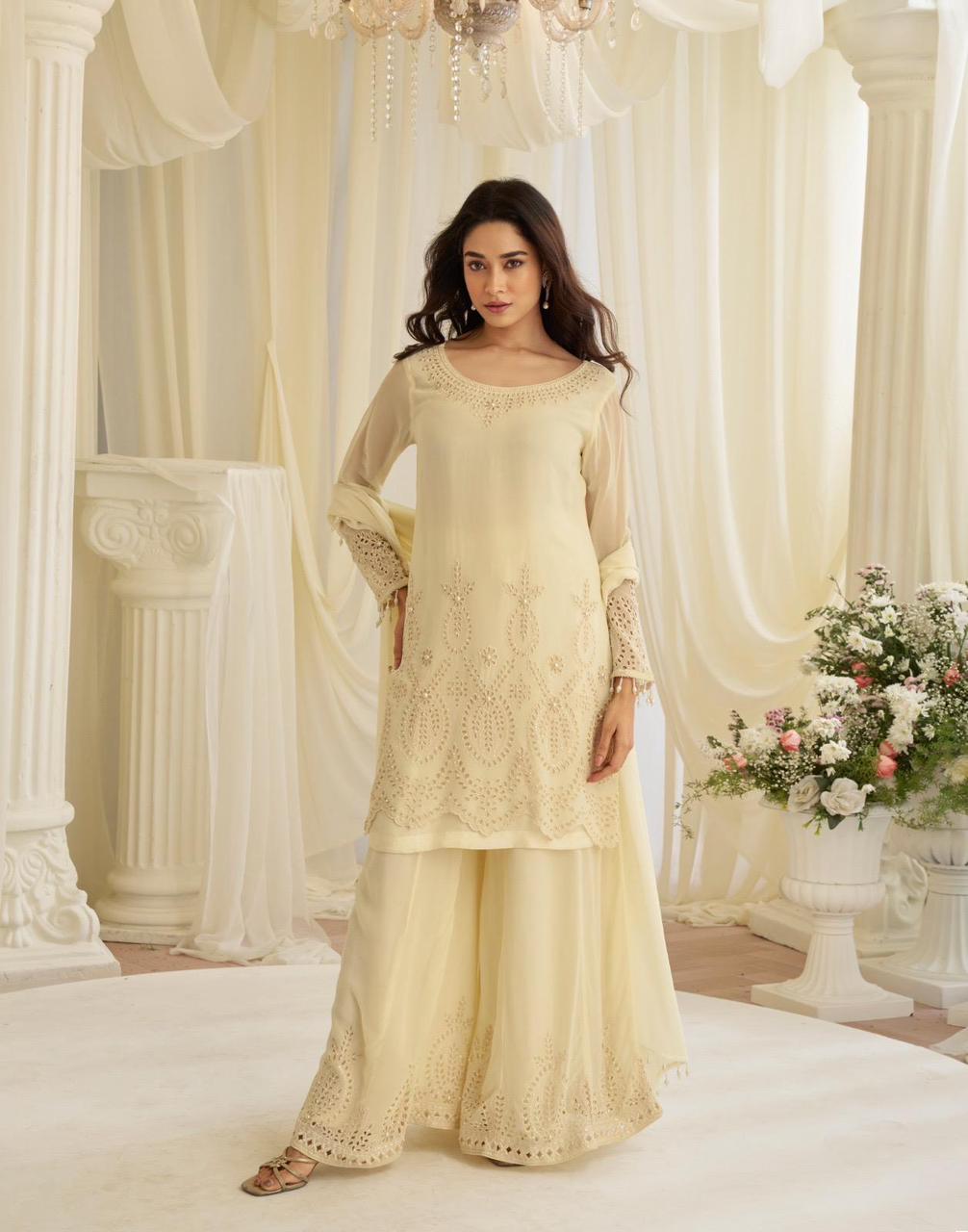 Ivory Chikankari Embroidered Kurta Palazzo Suit