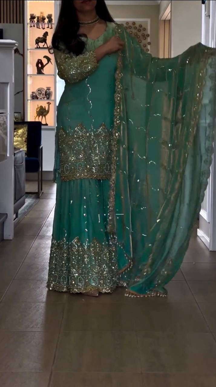 NC Satin Sharara Set – Sequins & Lace