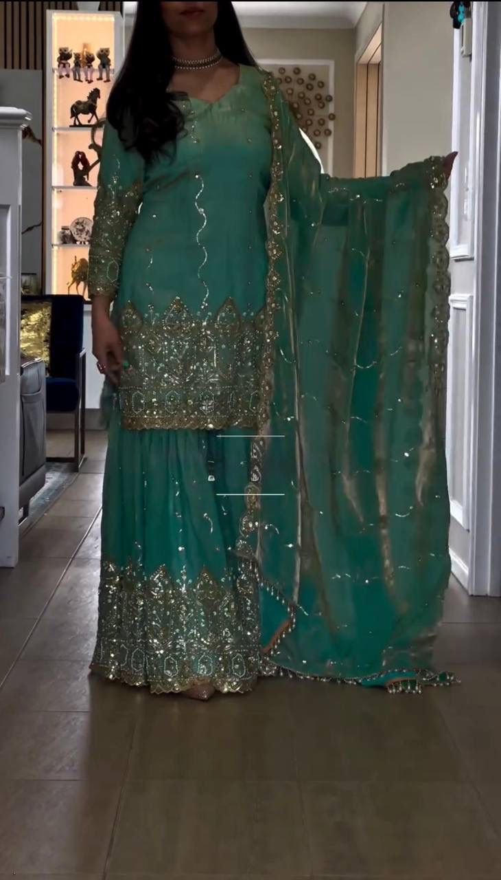NC Satin Sharara Set – Sequins & Lace
