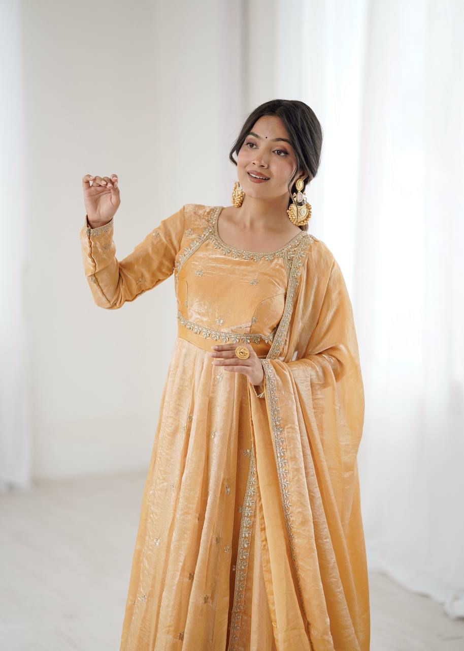 Fandy Silk Embroidered Gown Set with Pant & Dupatta
