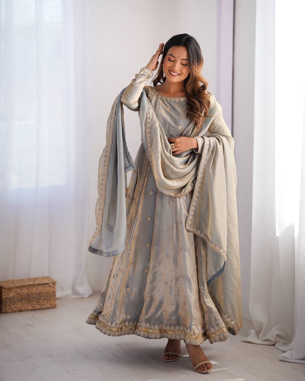 Fandy Silk Embroidered Gown Set with Pant & Dupatta