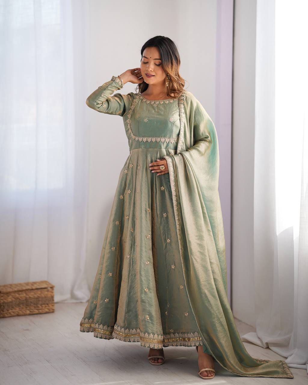 Fandy Silk Embroidered Gown Set with Pant & Dupatta