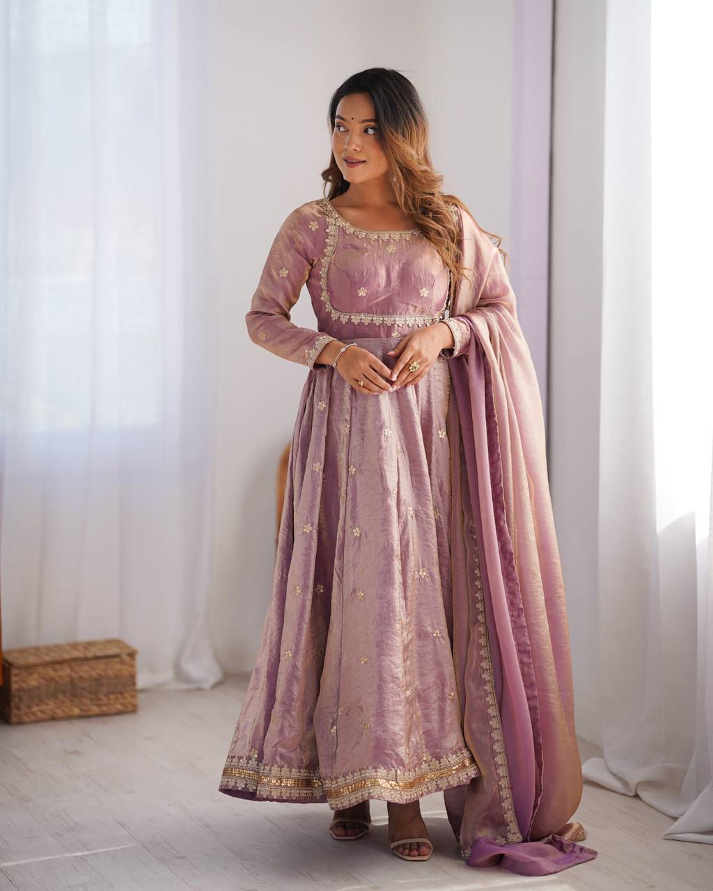 Fandy Silk Embroidered Gown Set with Pant & Dupatta