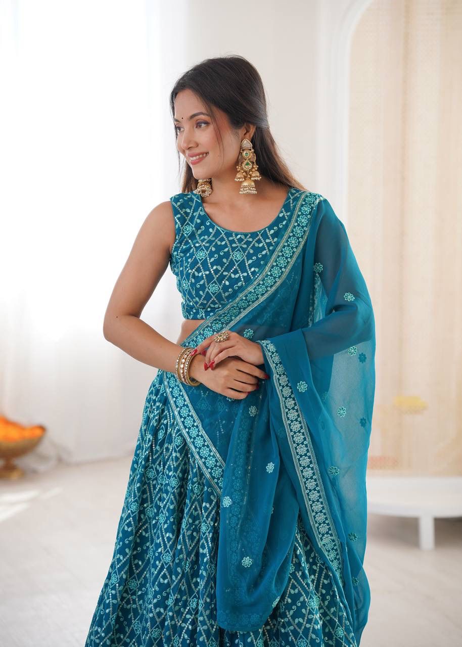 Faux Georgette Lehenga – Gold Choli & Sequins