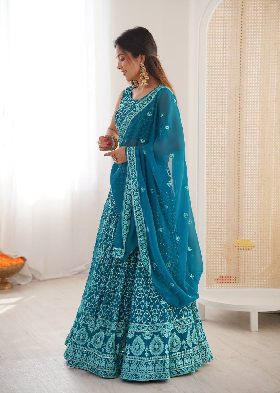 Faux Georgette Lehenga – Gold Choli & Sequins