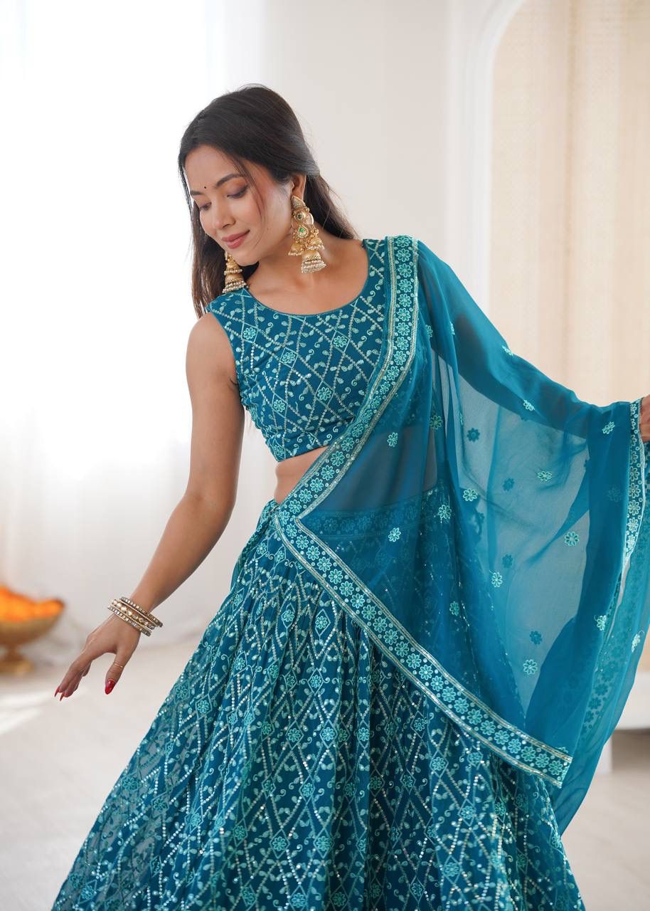 Faux Georgette Lehenga – Gold Choli & Sequins