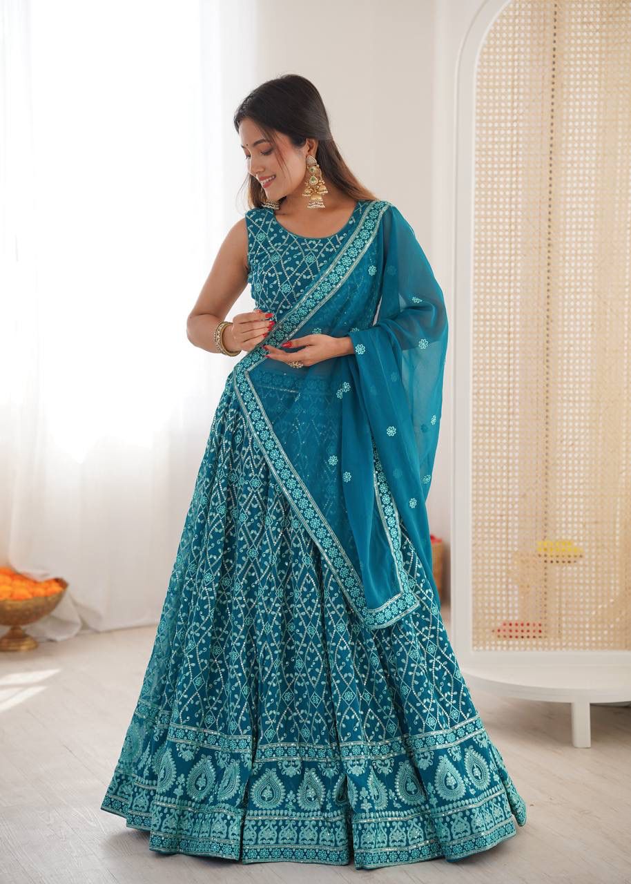 Faux Georgette Lehenga – Gold Choli & Sequins
