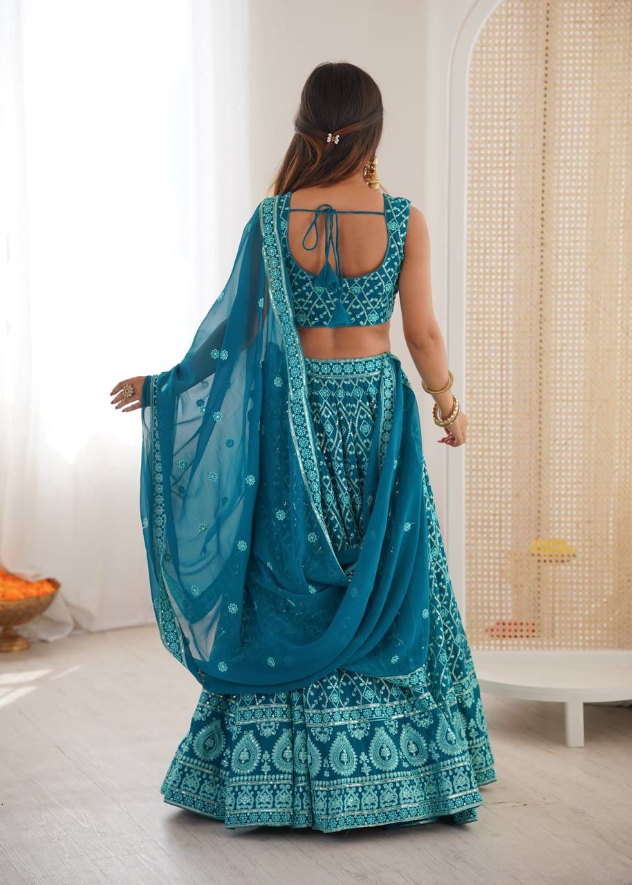 Faux Georgette Lehenga – Gold Choli & Sequins