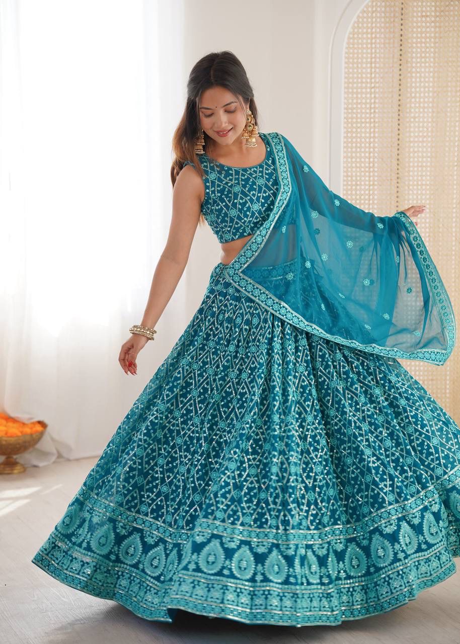 Faux Georgette Lehenga – Gold Choli & Sequins