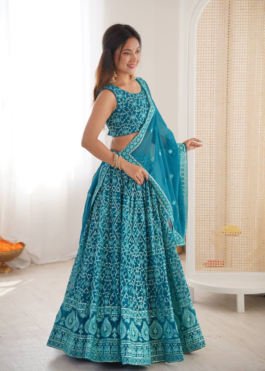 Faux Georgette Lehenga – Gold Choli & Sequins