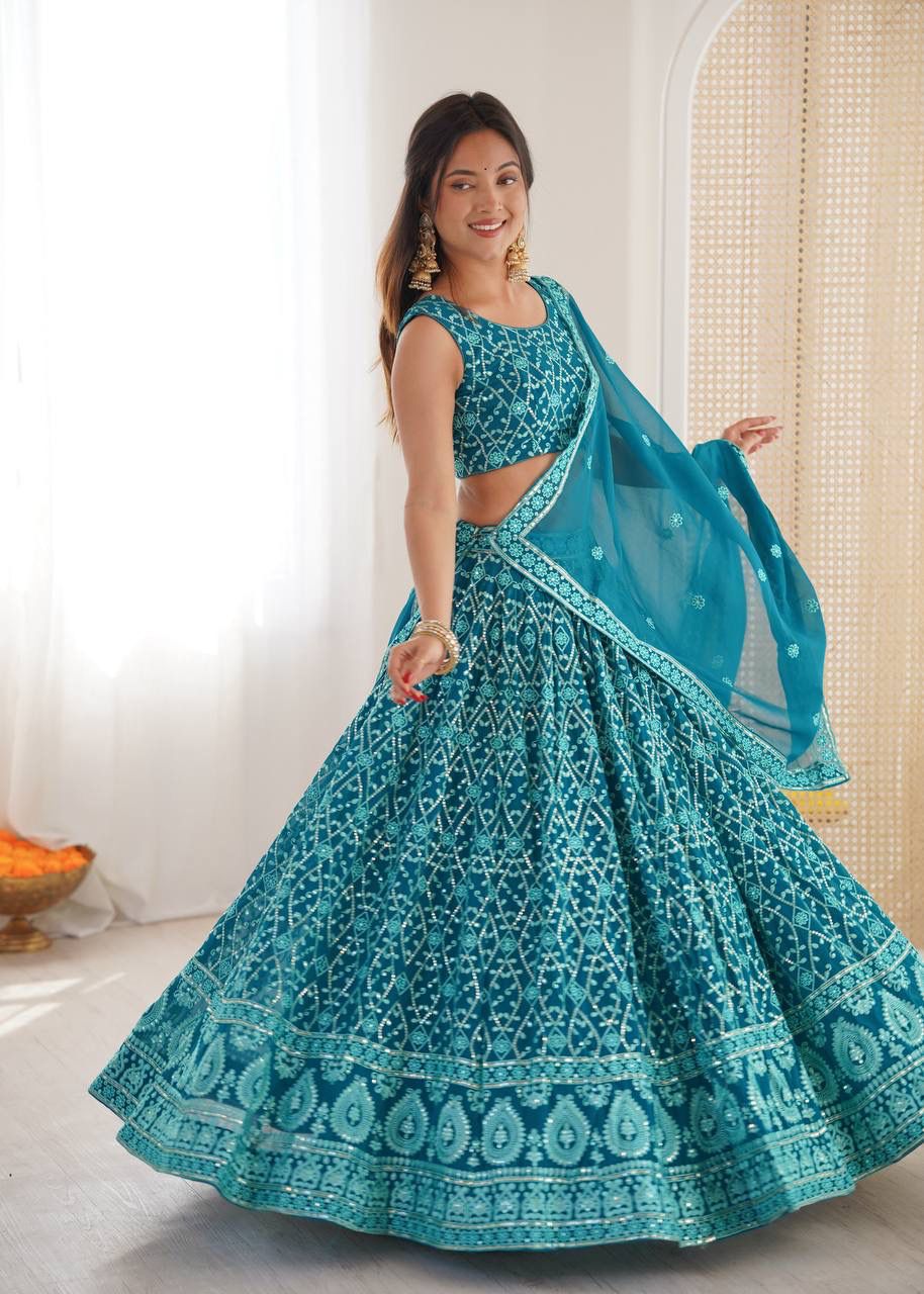 Faux Georgette Lehenga – Gold Choli & Sequins