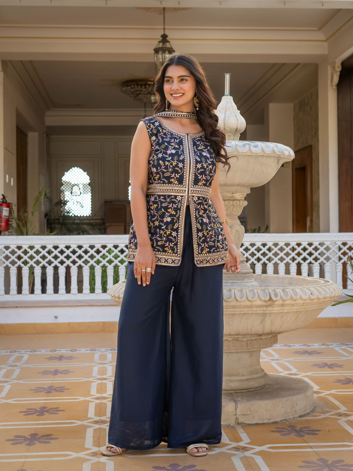 Elegant Star Georgette Embroidered Palazzo Set with Dupatta