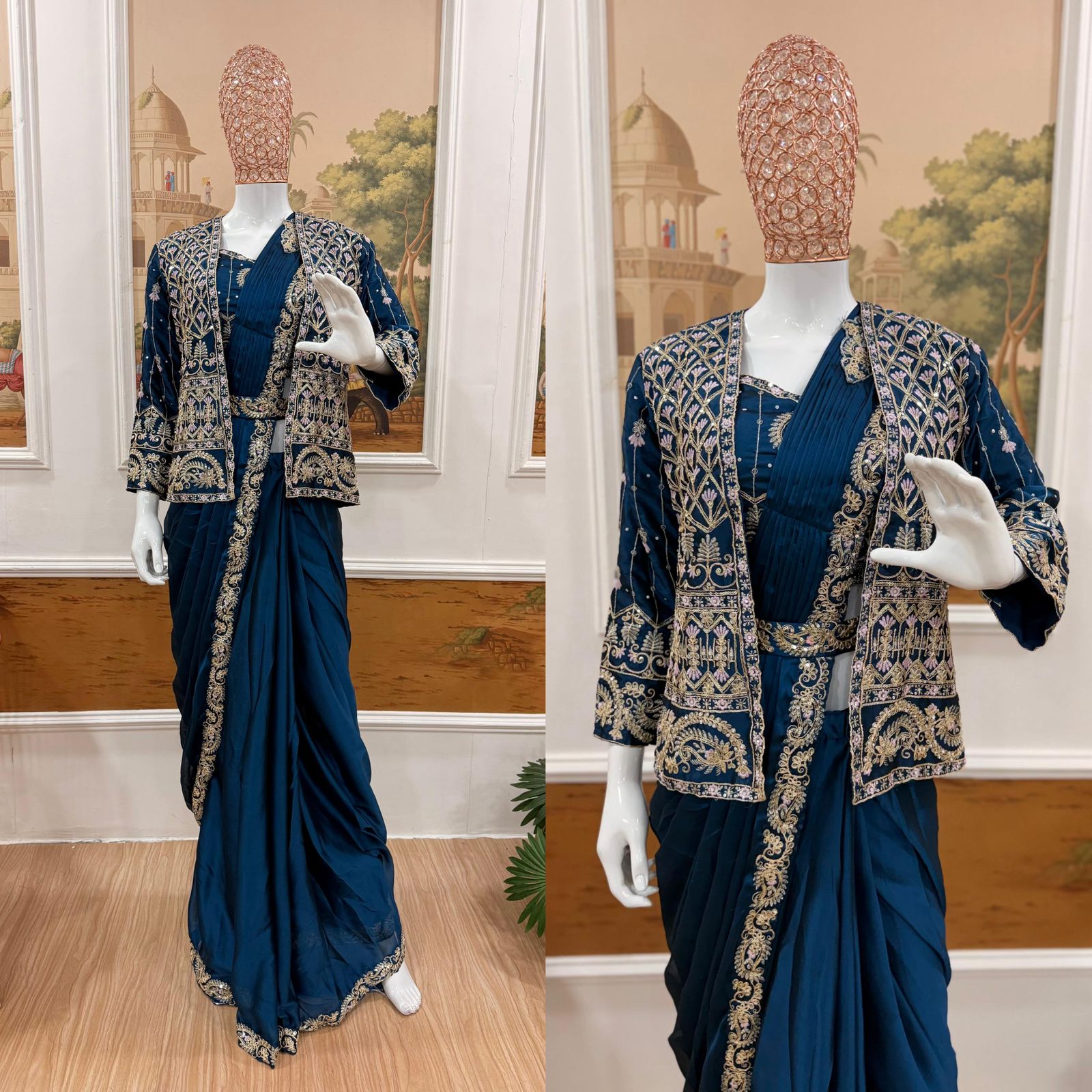 Royal Rangoli Silk Ready-to-Wear Saree Set with Heavy Embroidery Work