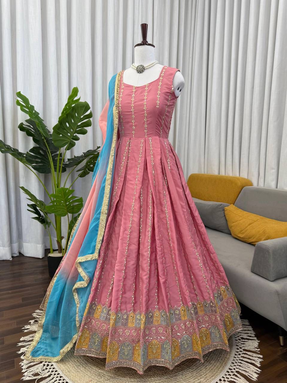 Sequin Chinon Silk Anarkali Suit Set