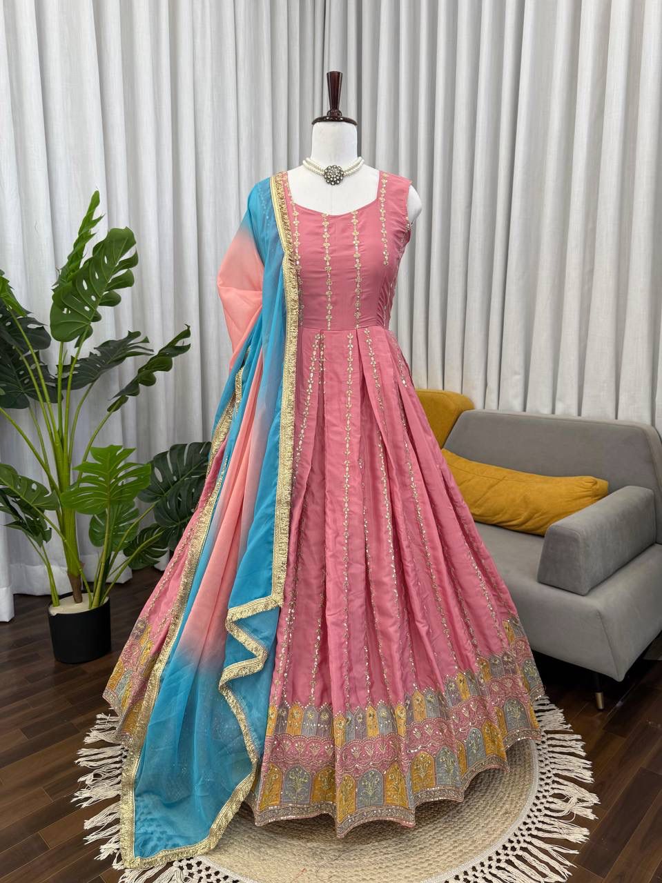 Sequin Chinon Silk Anarkali Suit Set