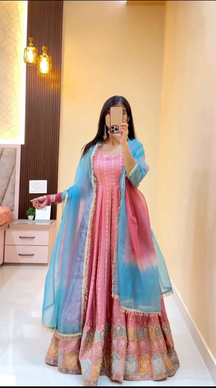 Sequin Chinon Silk Anarkali Suit Set