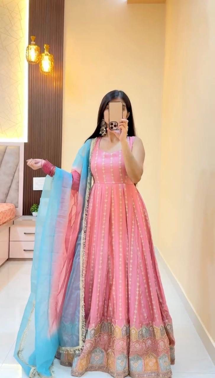 Sequin Chinon Silk Anarkali Suit Set
