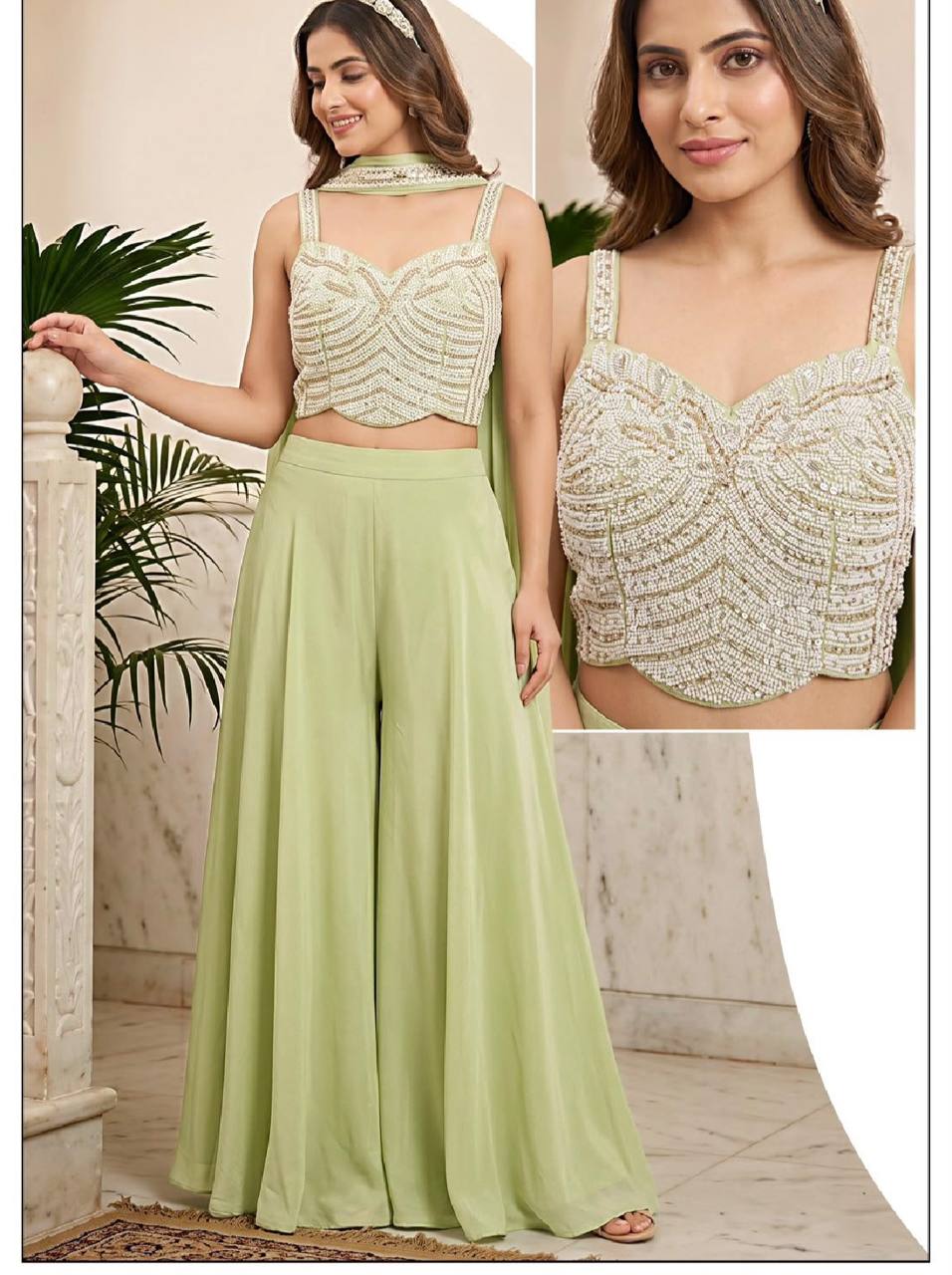 Women’s Green Chinon Embellished Palazzo Set