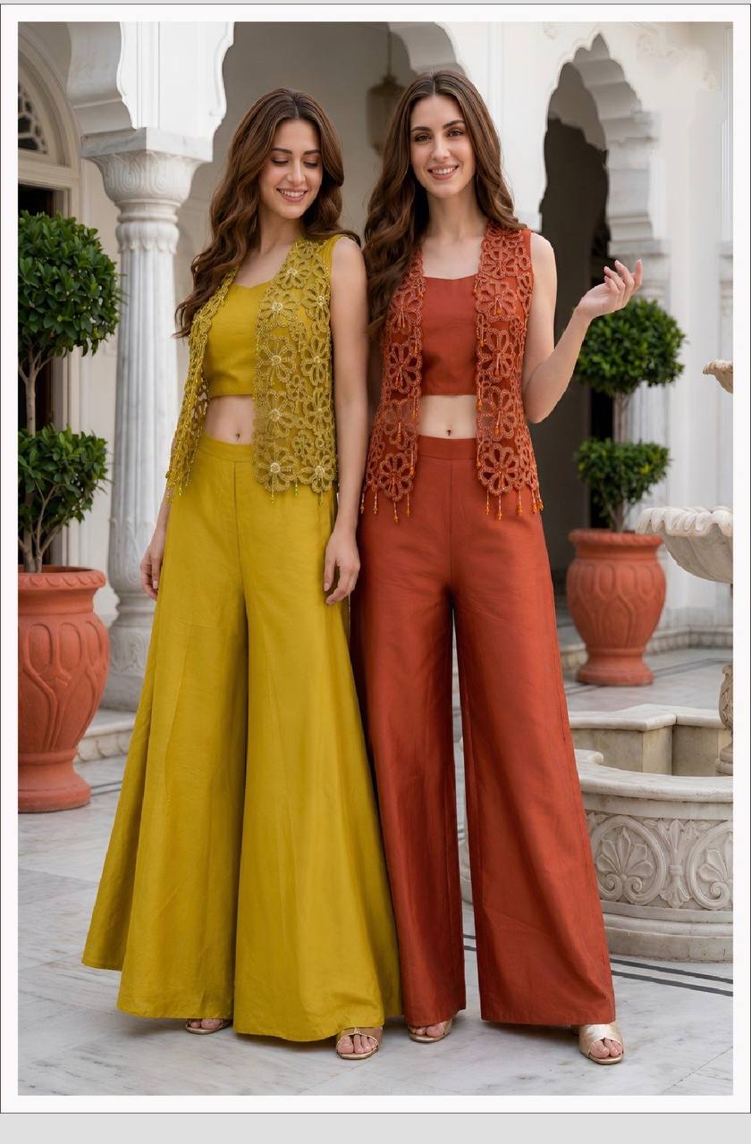 Women’s Silk Embroidered Jacket Palazzo Set