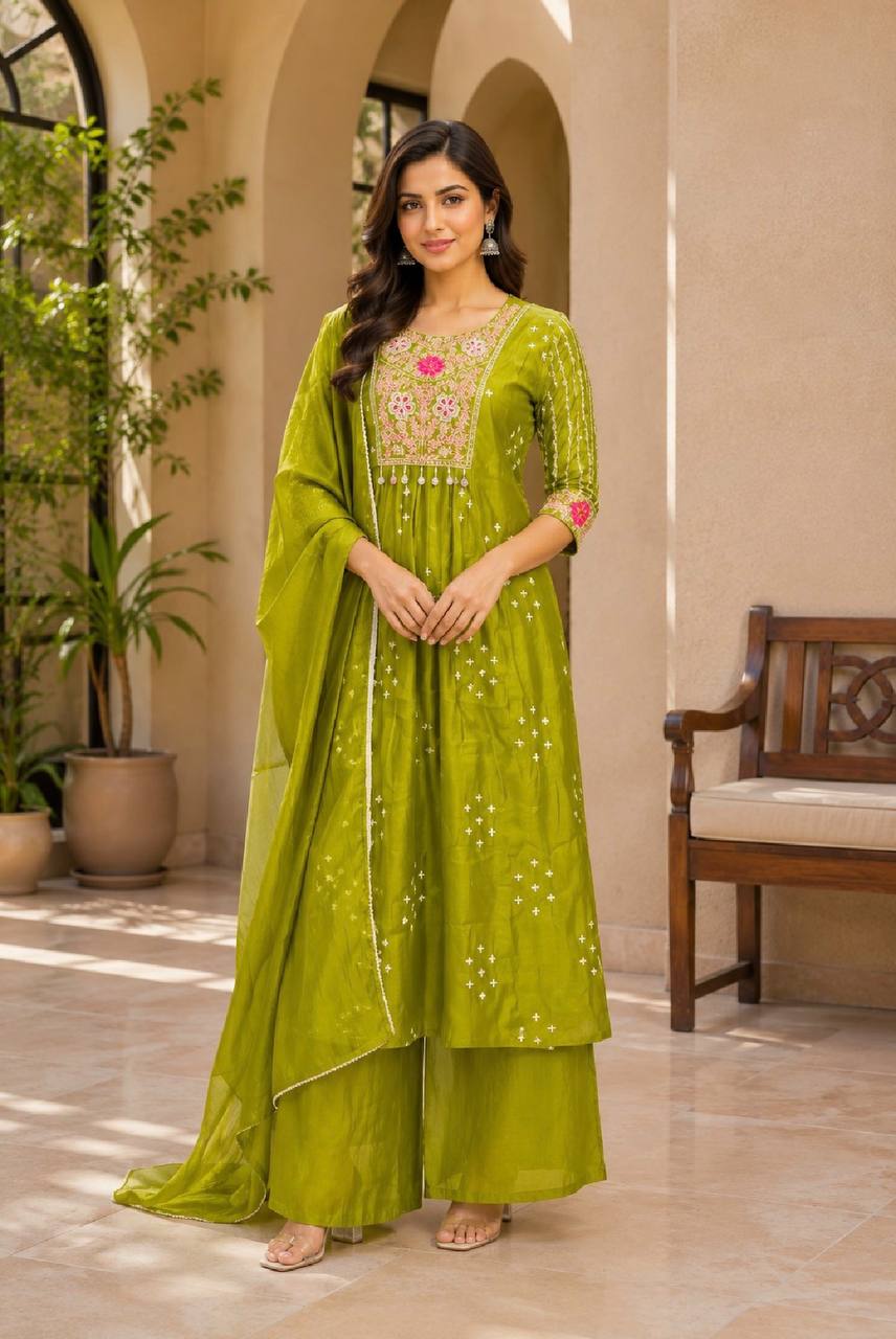 Women’s Mal Chanderi Embroidered Anarkali Suit Set