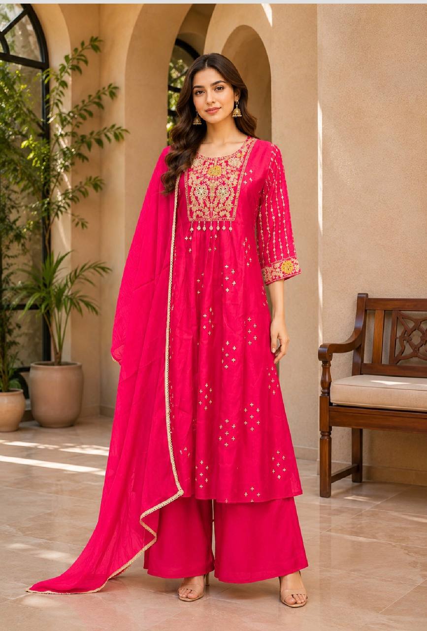 Women’s Mal Chanderi Embroidered Anarkali Suit Set