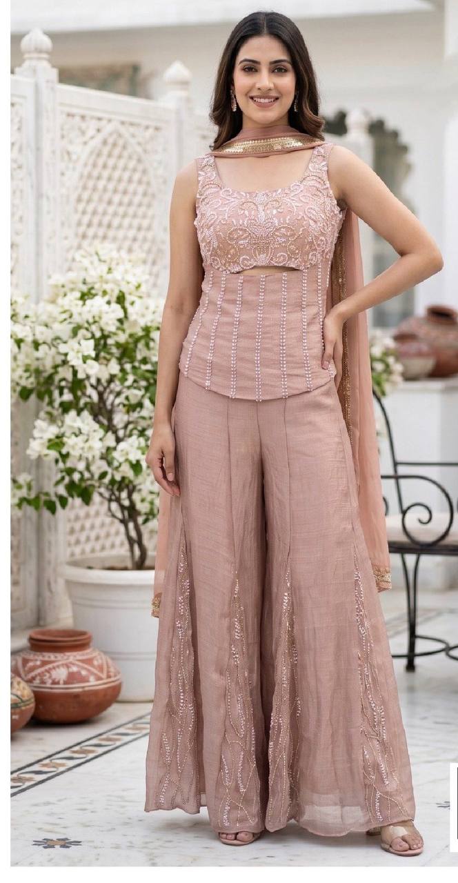 Women’s Rose Gold Embellished Flared Pant Set