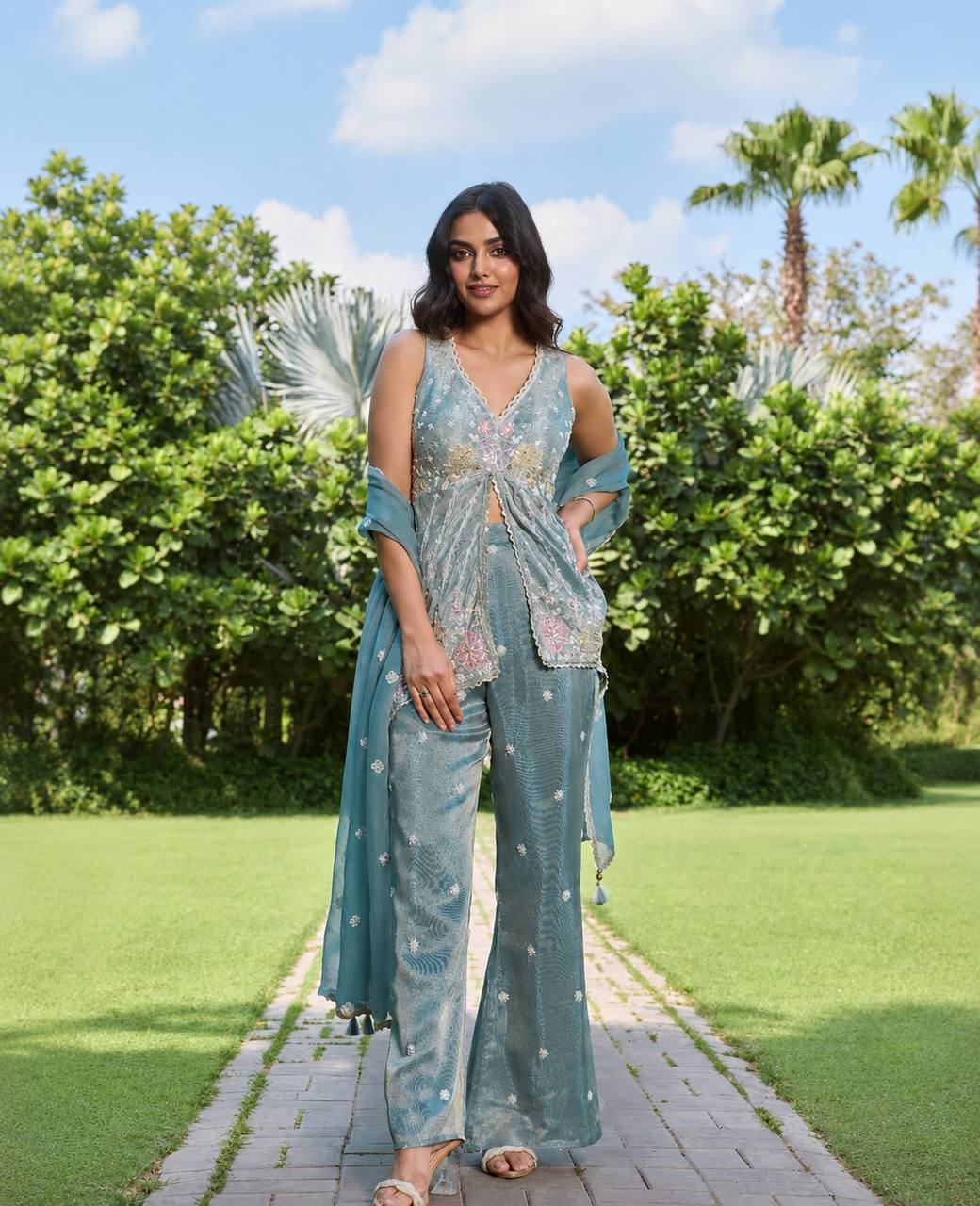 Women’s Aqua Blue Embellished Indo-Western Set