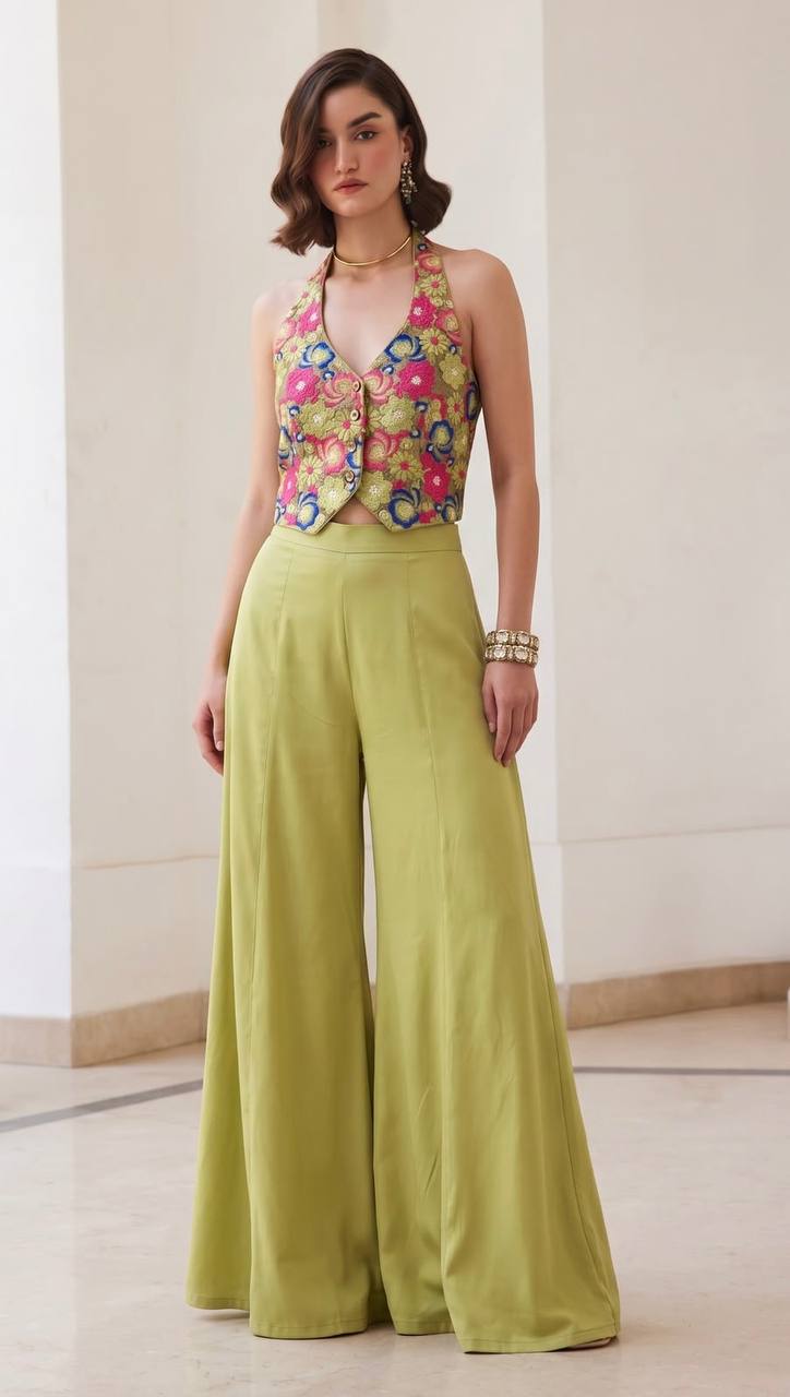 Women’s Soft Silk Waistcoat & Flowy Palazzo Set