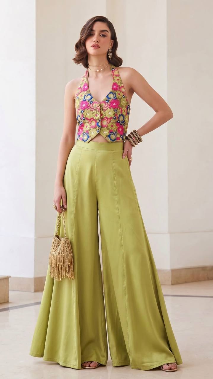 Women’s Soft Silk Waistcoat & Flowy Palazzo Set