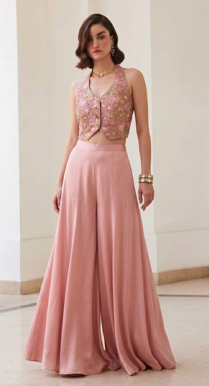 Women’s Soft Silk Waistcoat & Flowy Palazzo Set