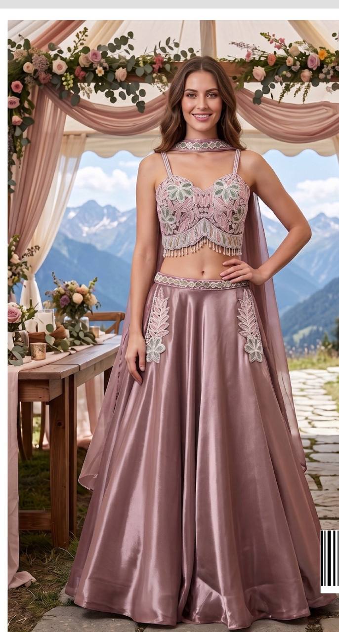 Women’s Mauve Satin Embroidered Outfit Set