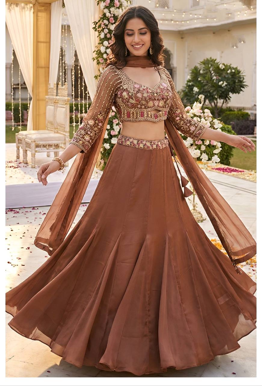 Women’s Embellished Flared Brown Lehenga