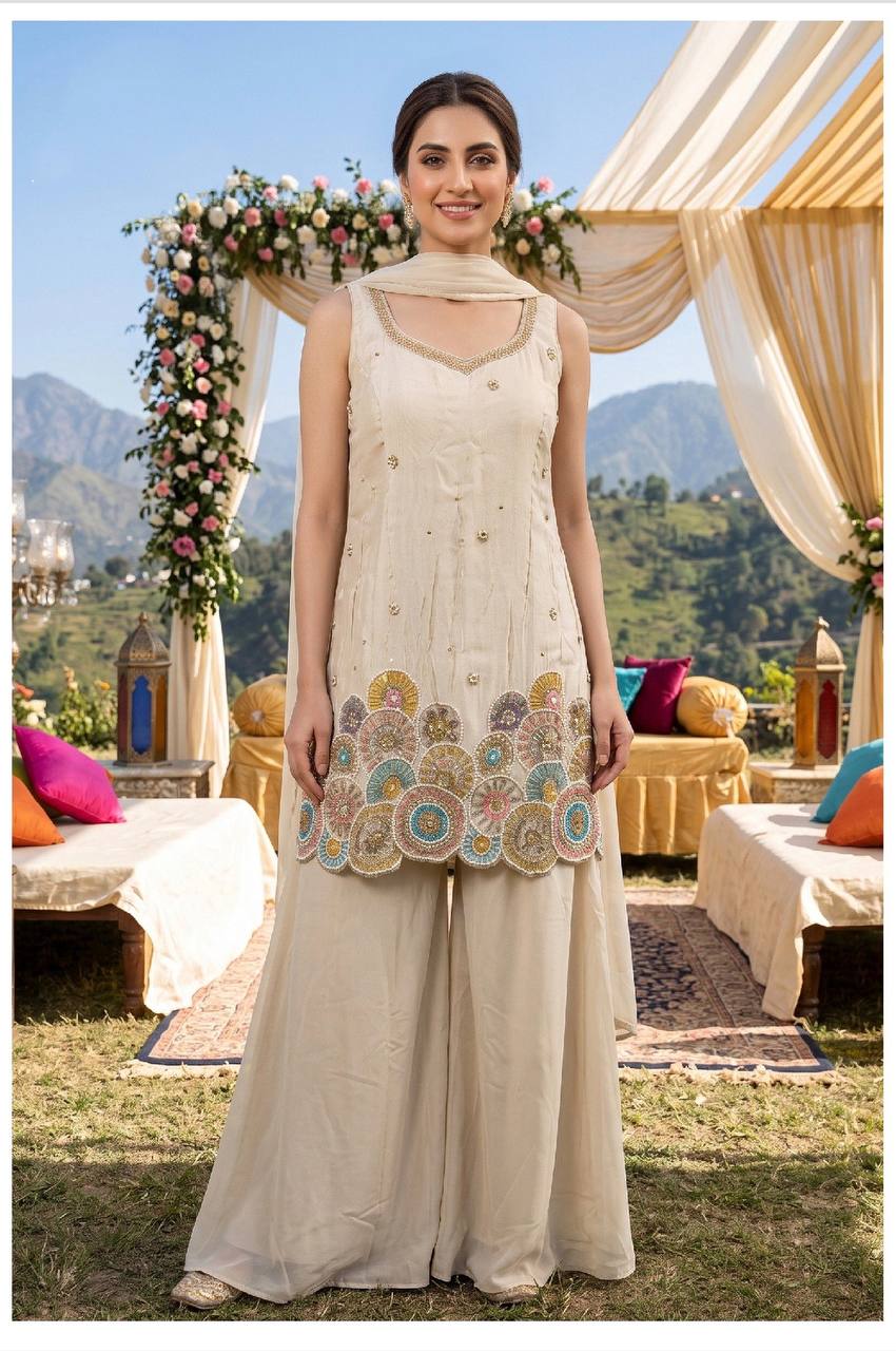 Women’s Cream Shimmer Embroidered Palazzo Set