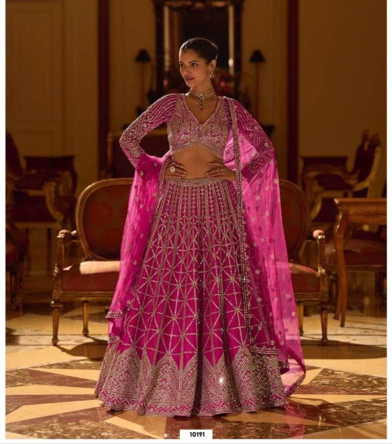 Women’s Premium Real Silk Hand Mirror Embroidered Lehenga Set