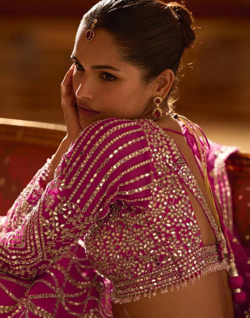 Women’s Premium Real Silk Hand Mirror Embroidered Lehenga Set