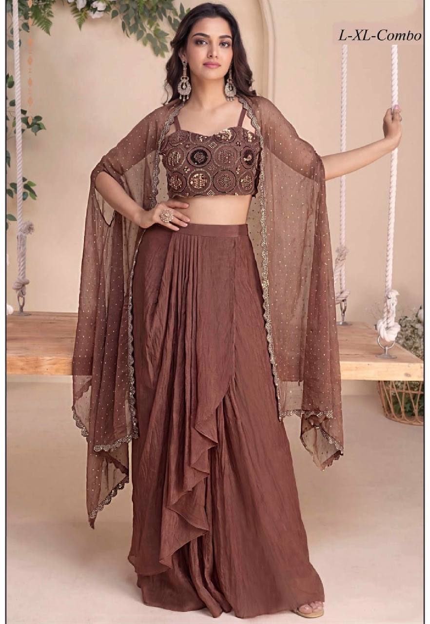 Women’s Mocha Brown Gabana Embroidered Crop Top with Layered Ruffle Skirt