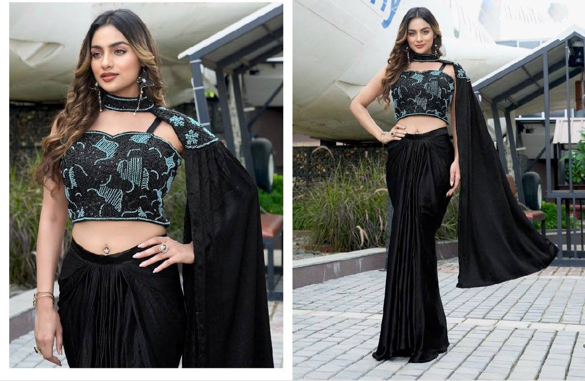 Women’s Black Crunchy Crush Embroidered Crop Top with Flared Bottom
