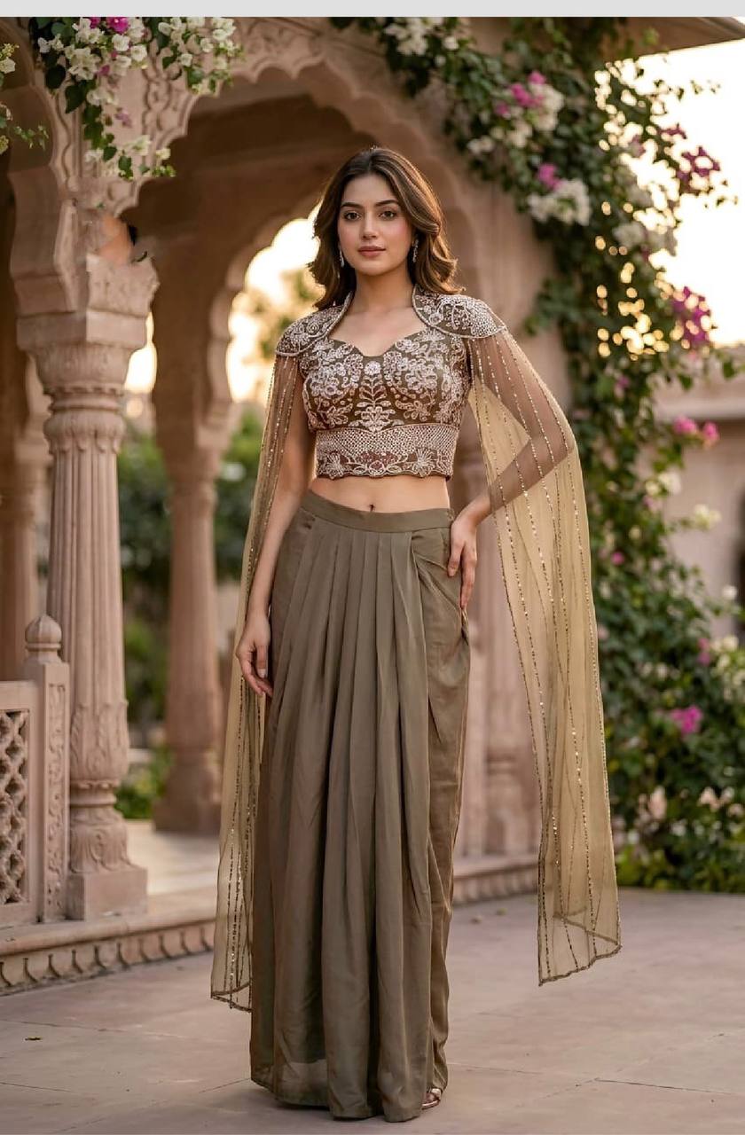 Women’s Rose Mahal Satin Draped bottom with Embroidered Crop Top