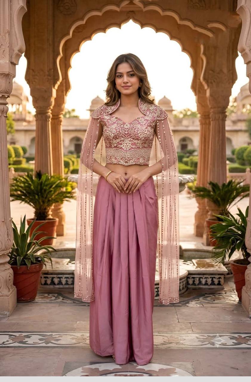 Women’s Rose Mahal Satin Draped bottom with Embroidered Crop Top