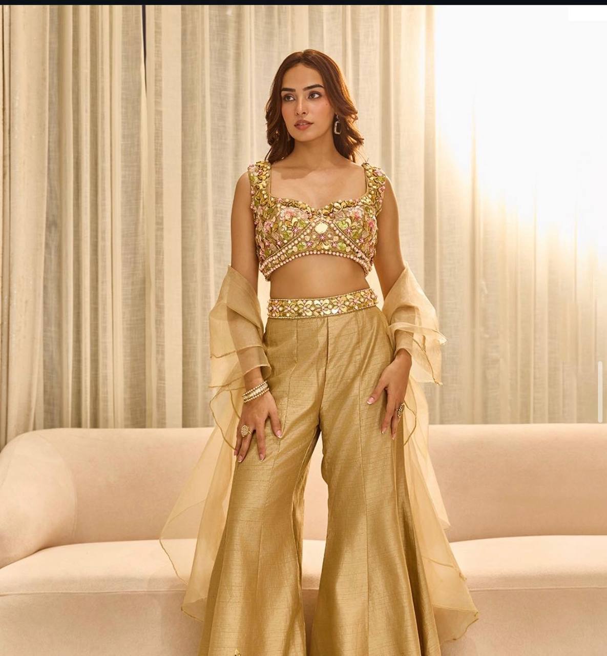 Women’s Luxe Embroidered Blouse & Palazzo Set with Sheer Dupatta