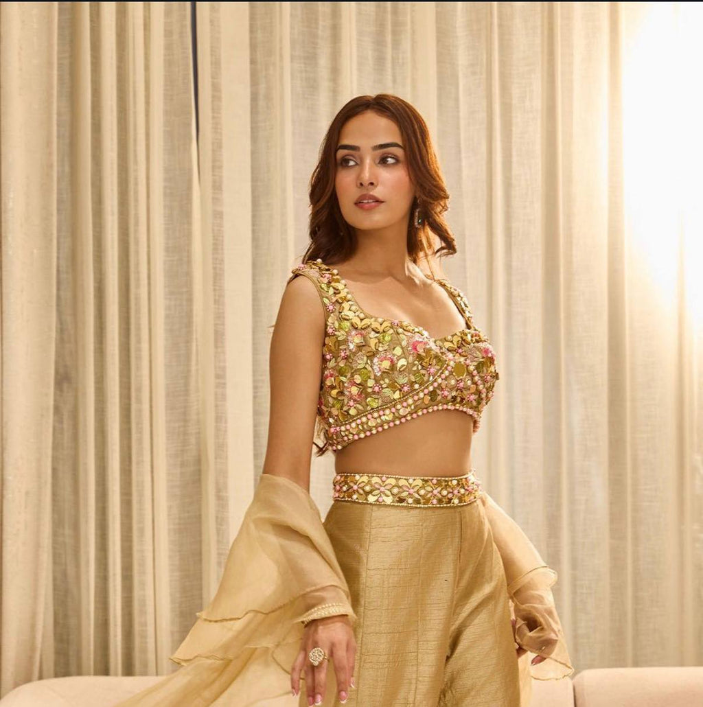 Women’s Luxe Embroidered Blouse & Palazzo Set with Sheer Dupatta