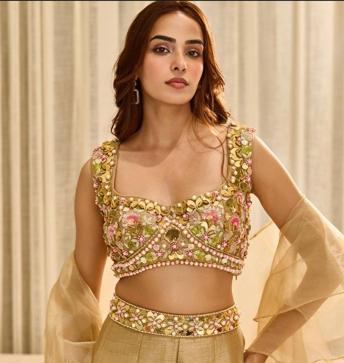 Women’s Luxe Embroidered Blouse & Palazzo Set with Sheer Dupatta