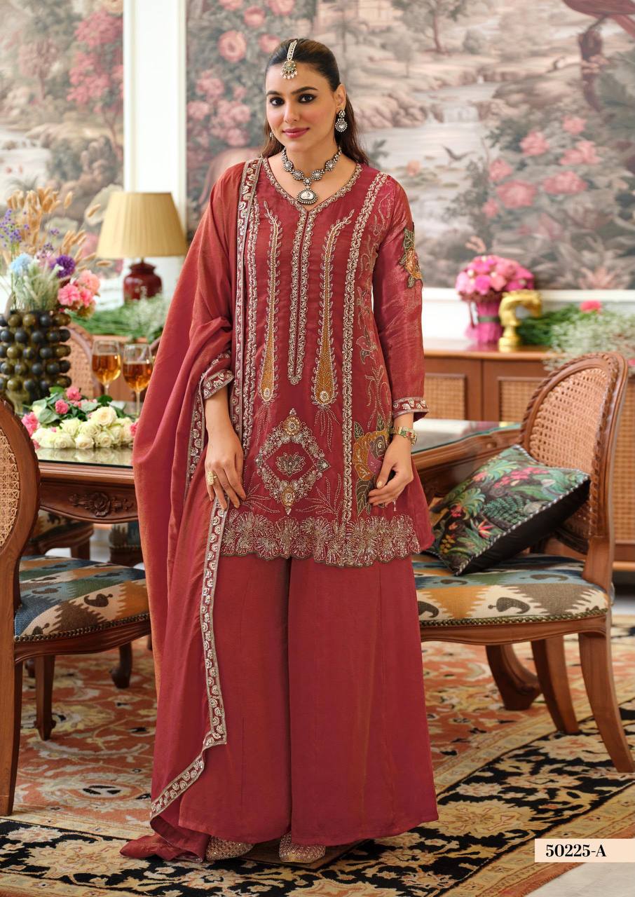 Women's Pure Viscose Shimmer Embroidered Kurta Palazzo Set