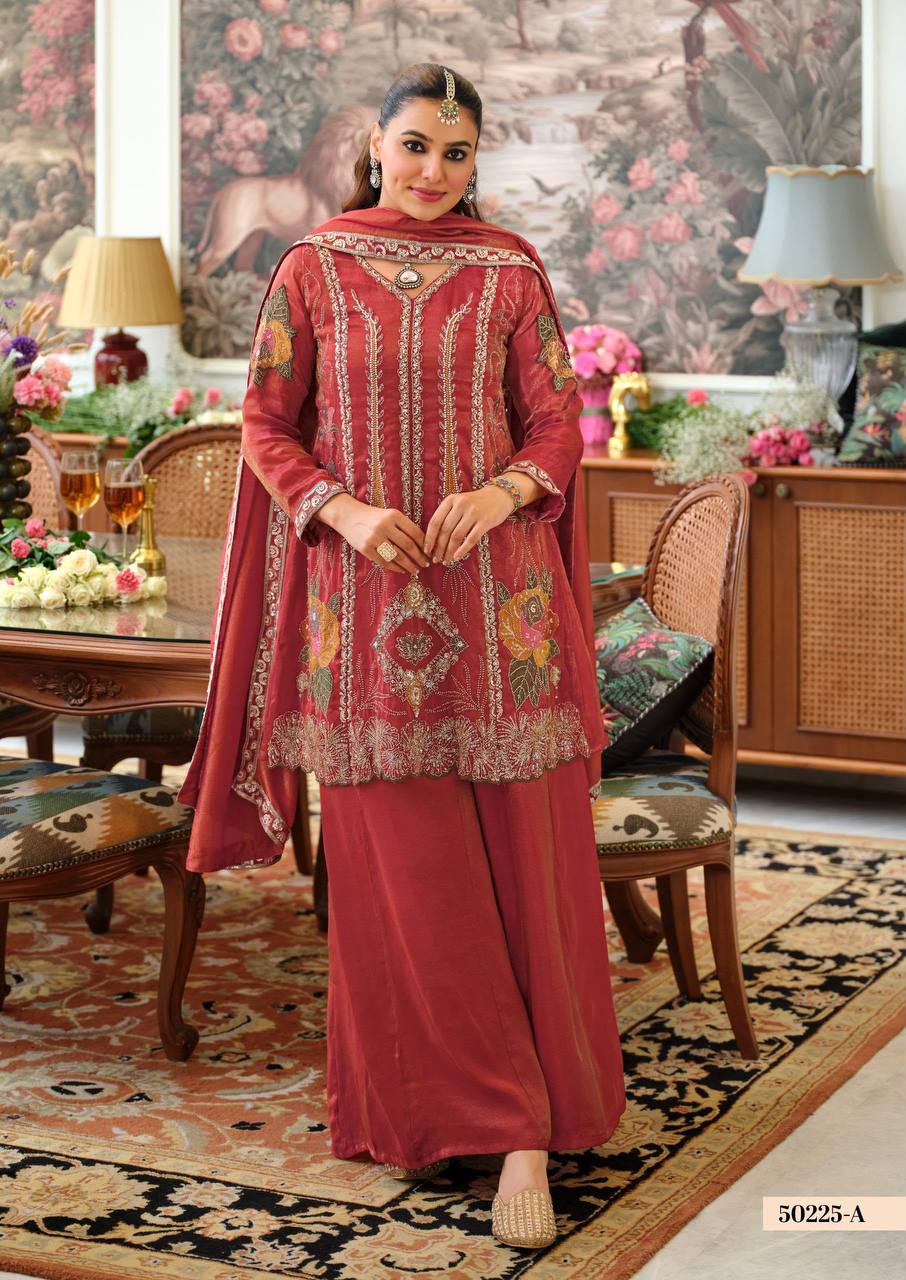 Women's Pure Viscose Shimmer Embroidered Kurta Palazzo Set