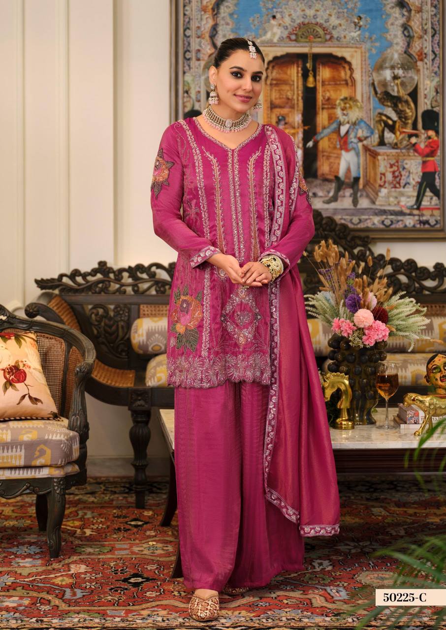 Women's Pure Viscose Shimmer Embroidered Kurta Palazzo Set
