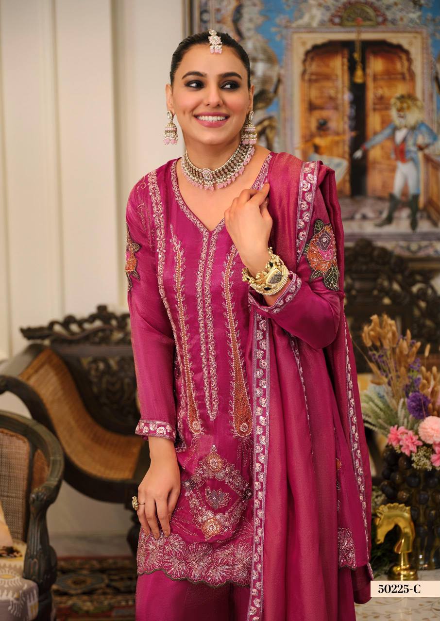 Women's Pure Viscose Shimmer Embroidered Kurta Palazzo Set