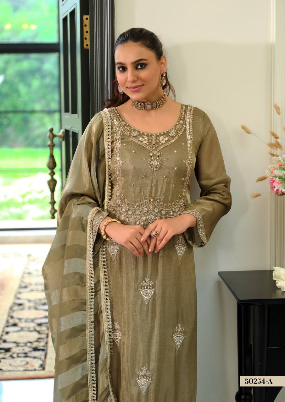 Women’s Viscose Shimmer Embroidered Kurta Set with Silk Pants