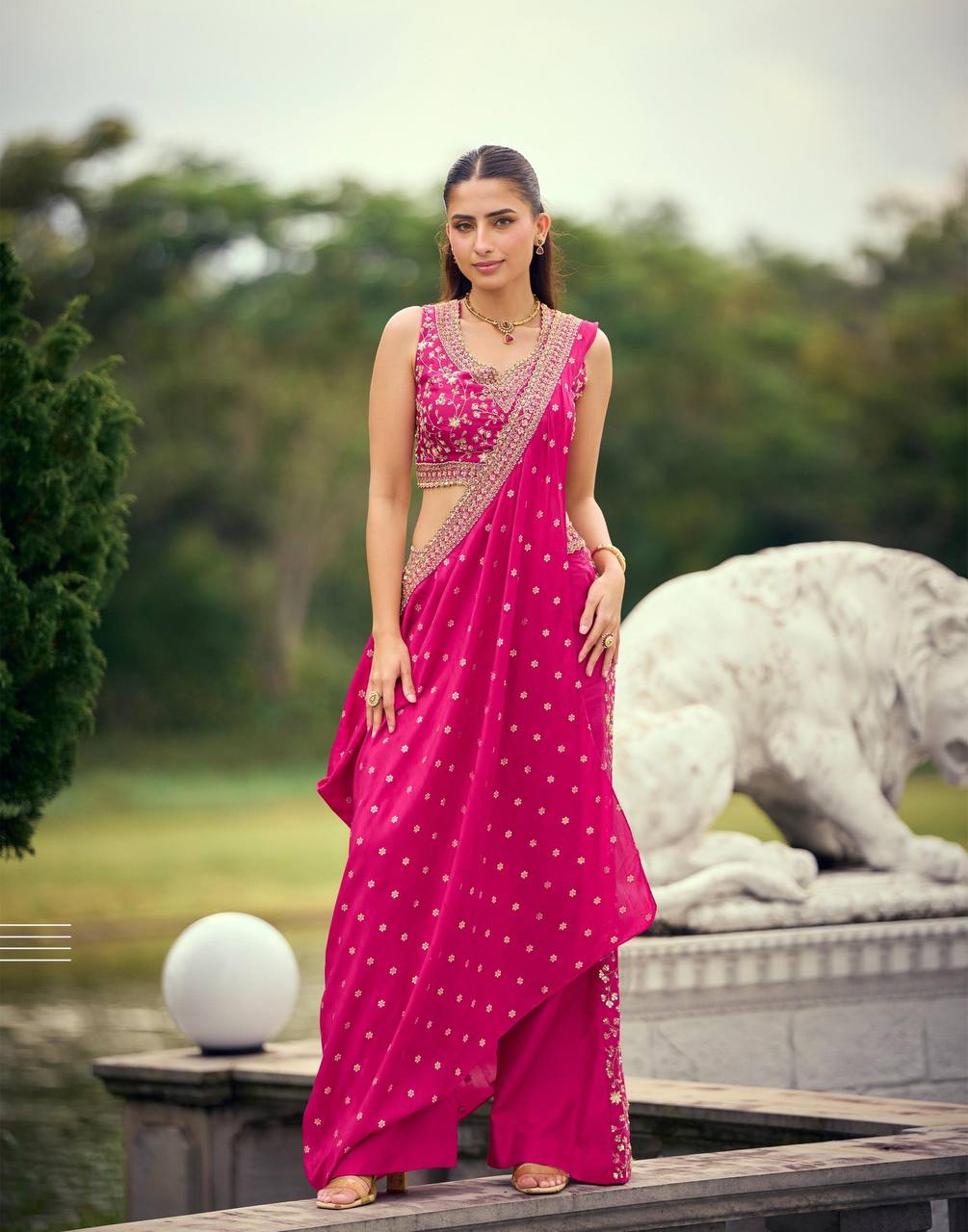 Women’s Embroidered Blouse Palazzo Set with Viscose Jacquard Dupatta