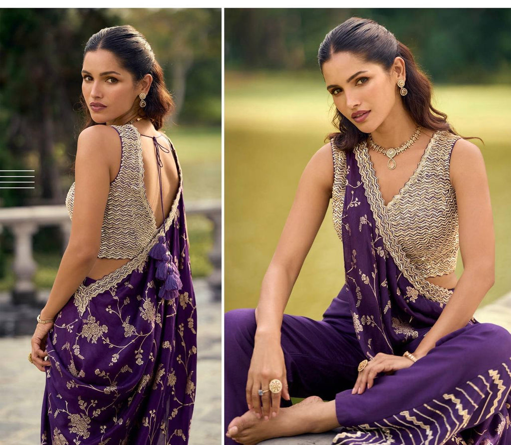 Women’s Embroidered Blouse Palazzo Set with Viscose Jacquard Dupatta